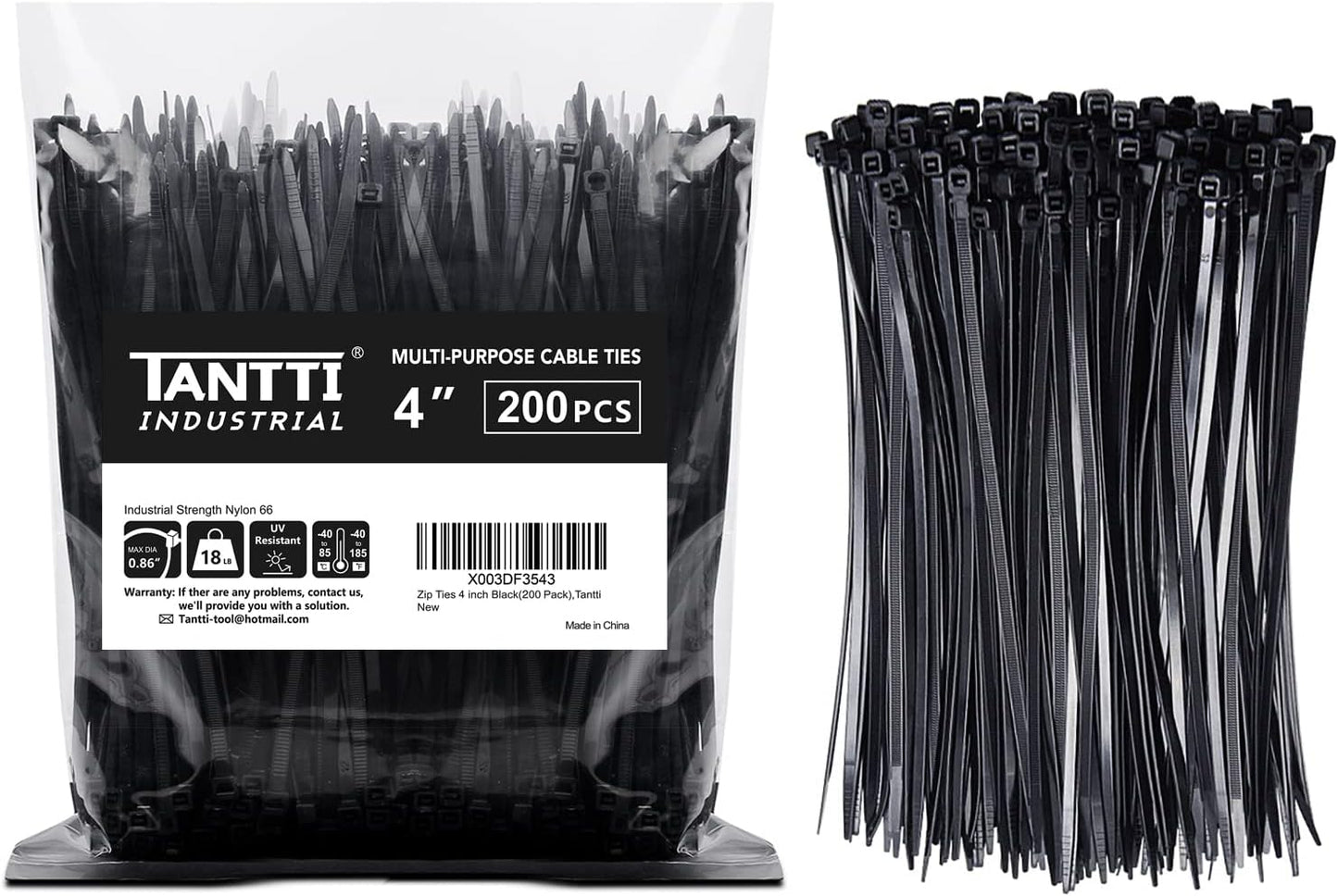 TANTTI 4 inch (200 Pack), 18 lb Zip Ties Small Zip Ties with Tensile Strength, Black, by Supply