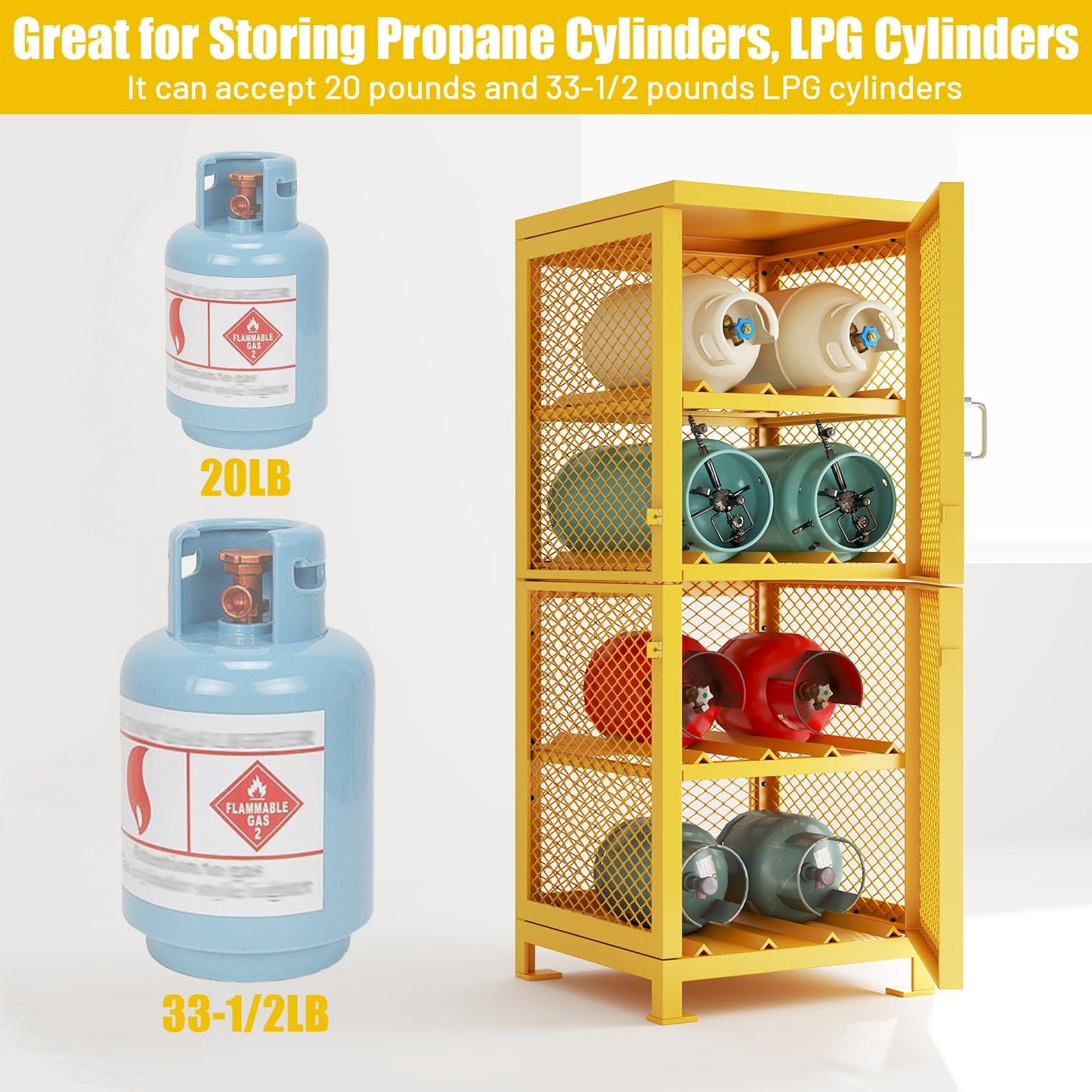30"L x 30"W x 70"H Steel/Iron Horizontal Cylinder Storage Cabinet, 8 Cylinder Capacity, 4-Tier Propane Storage Cage, Gas Cylinder Cabinet with Lockable Single Doors,Powder Coat Finish Angle Iron Frame