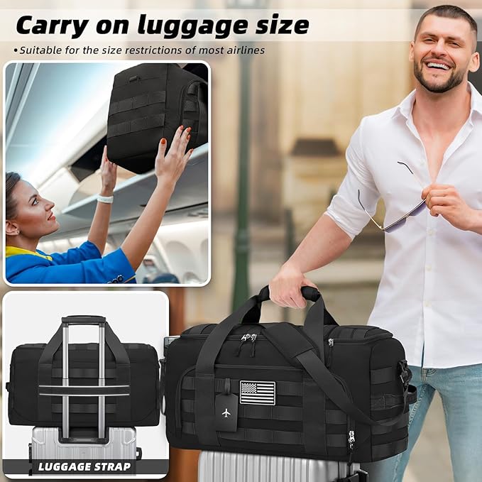 ZOMFELT Tactical Gym Bags for Men, 40L Travel Duffle Bag with Removable Dividers & Innovative Shoe Compartment, 3-in-1 Waterproof MOLLE Gym Duffel Backpack, Airplane Carry-On Approved, Black