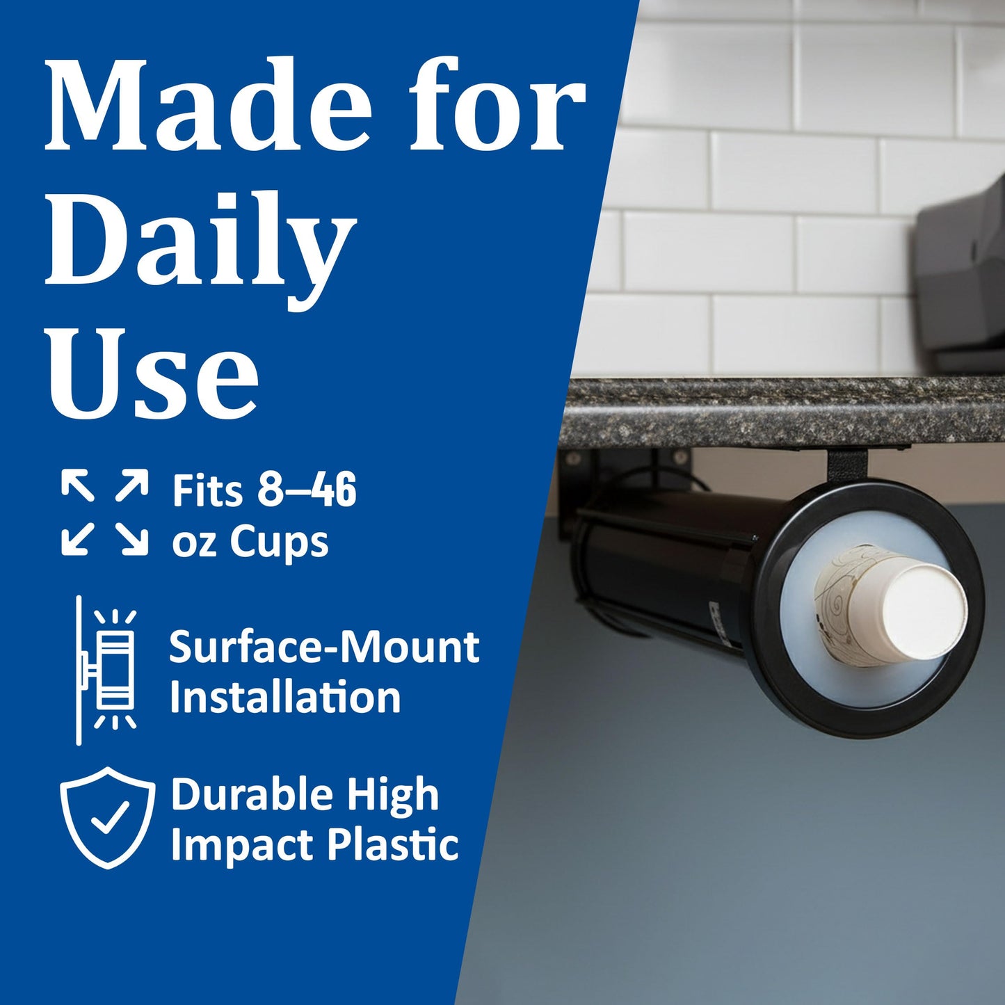 San Jamar Ez Fit Surface Mount Cup Dispenser Fits 6 - 24 Oz Cups with Interchangeable Gaskets for Restaurants, Dining Halls, and Fast Food, Plastic, 18 Inches, Black