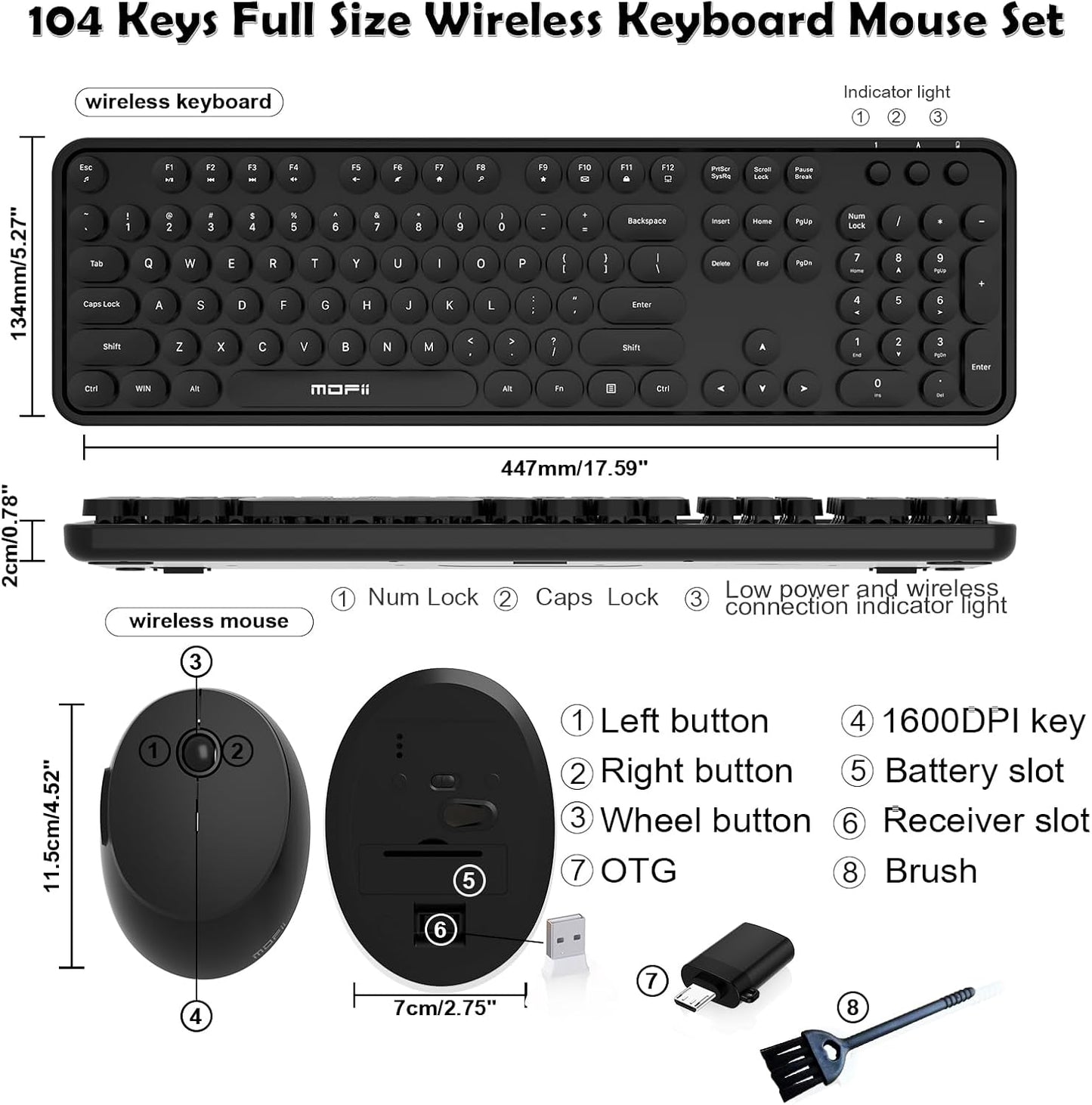 MOFII 104 Wireless Keyboard and Mouse Combo, Keys Full-Size Retro Round Keys Typewriter Keyboards Ergonomic Keyboards