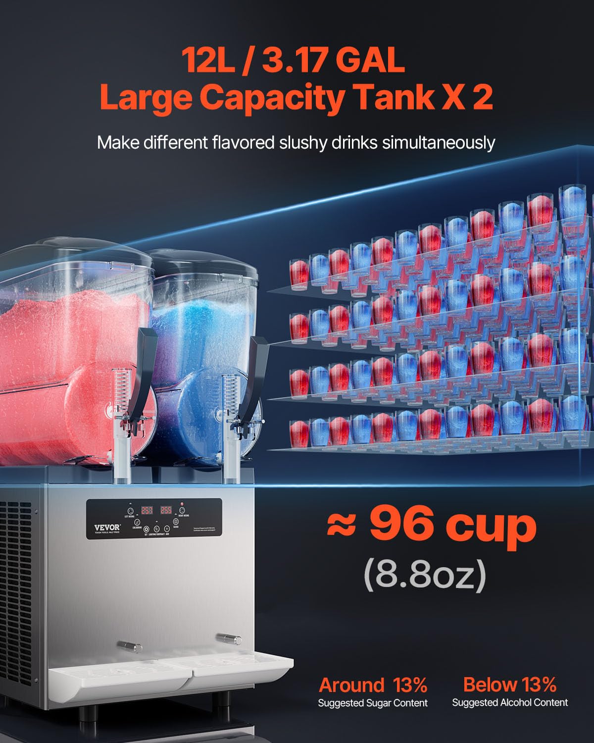 VEVOR Commercial Slushy Machine, 12Lx2 Double Tank Frozen Drink Machine, 96 Cups Stainless Steel Margarita Smoothie Frozen Drink Maker, Slushie Machine for Home Party Restaurants Cafe Bars