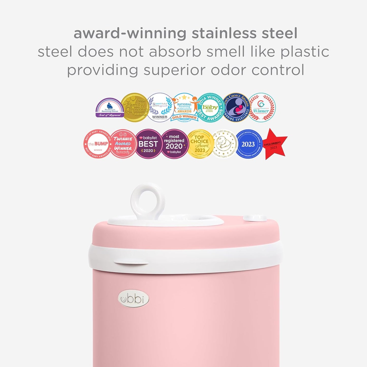 Ubbi Stainless Steel Diaper Pail - Odor Locking Design, No Special Bags Needed | Fig Blossom Color
