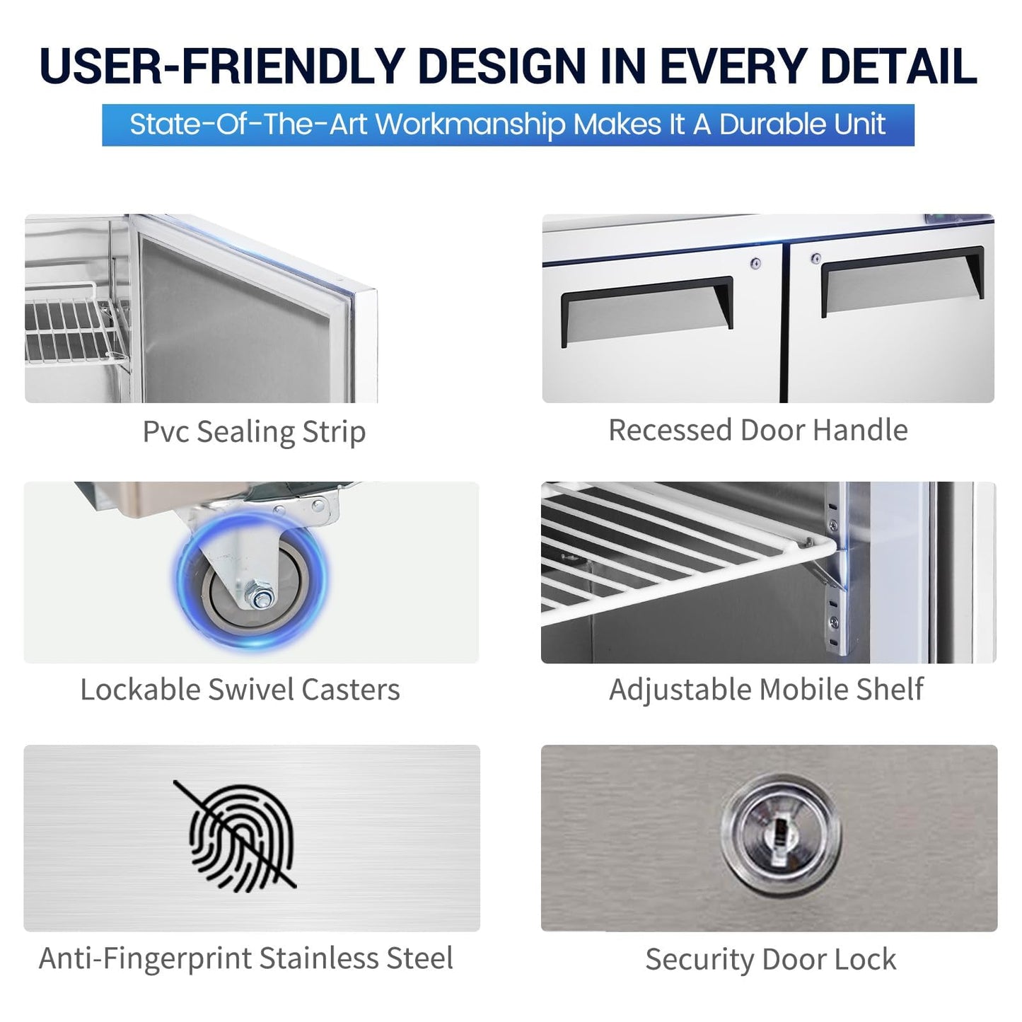 kalifon 60" W 2 Door Refrigerator Sandwich Salad Prep Table Commercial Stainless Steel Fan Cooling Refrigerator with Cutting Board, 2 Shelves & 24 Pans for Restaurant, Bar, Shop-16.4 Cu.ft