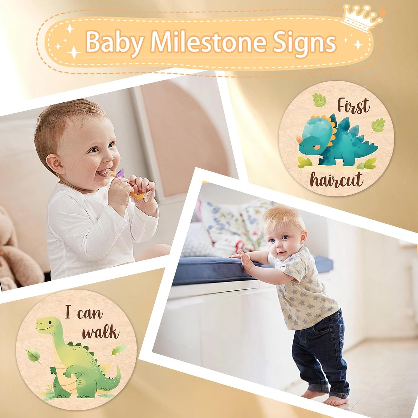 13Pcs Set Baby Monthly Milestone Cards Sign - Double Sided Dinosaur Milestone Cards, Dino Pattern Wooden Circles Discs