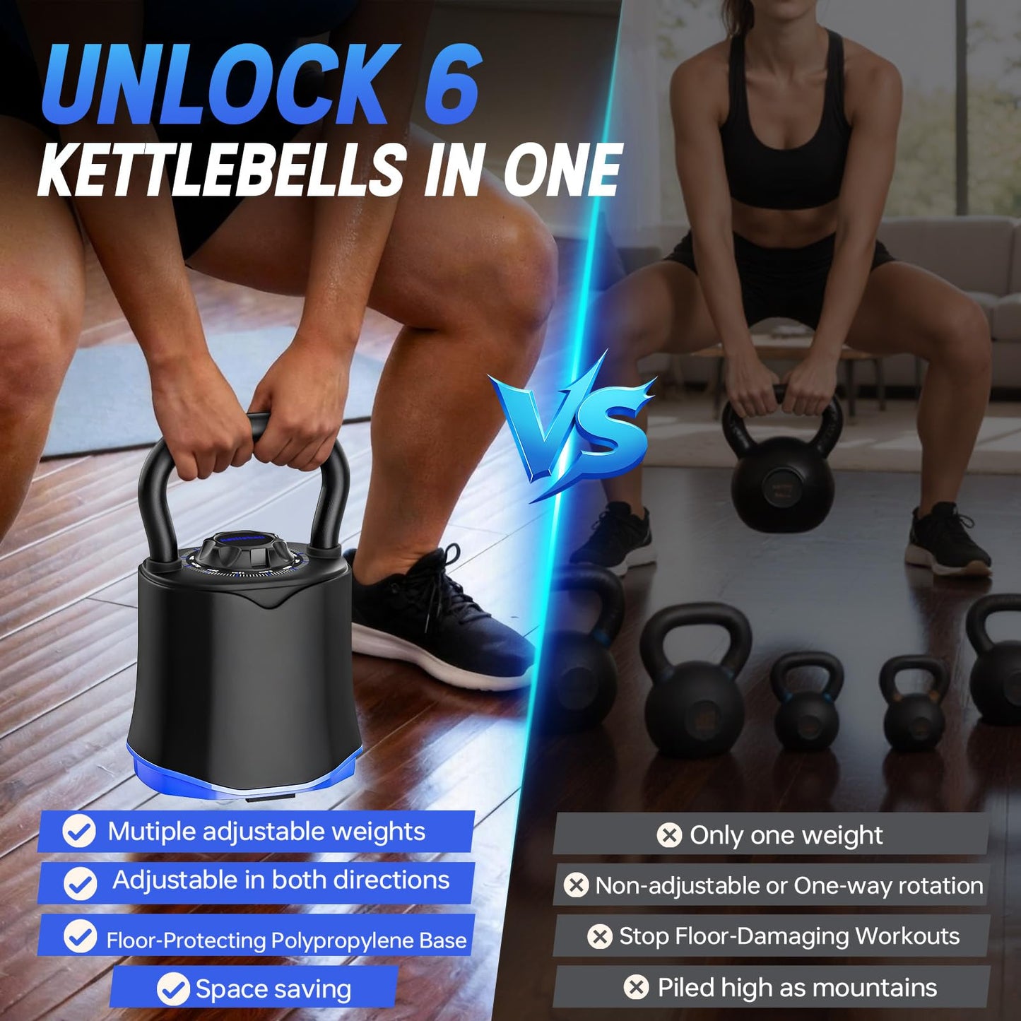 FitNexus Adjustable Kettlebell，6-in-1 Quick Change Adjustable Kettlebell Set (6.5-40 LBS) for Home Gym - Space-Saving Design with Scratch-Resistant Rubber Base to Protect Floors, Two-Way Rotating Handle for Full Body Workouts