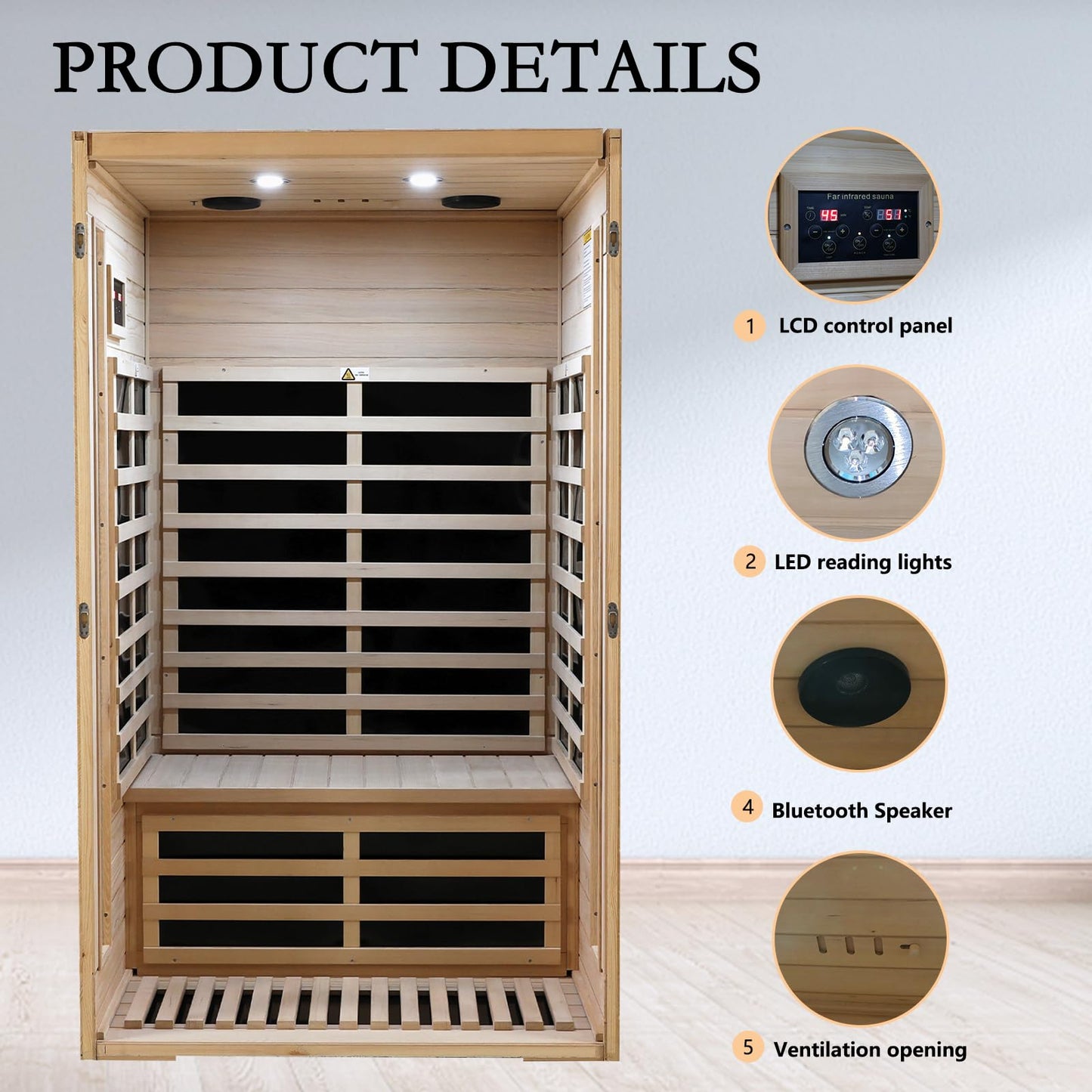 Kanlanth 2 Person Sauna with Side Glass Window, Low EMF Indoor Infrared Saunas for Home, 1500W Hemlock Wood Personal Sauna with 5 Heating Panels, Blue-Tooth, 2 LED Reading Lamps, Control Panel