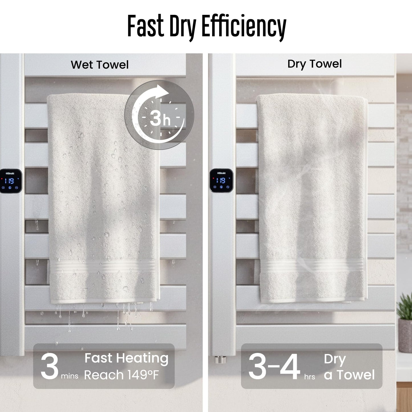HSTRUKT Large Towel Warmer, Heated Towel Rack with Built-in Timer and Temperature Control,Hard-Wired(Left-Wiring)/Plug-in Wall-Mounted Towel Rail, Aluminum, 18.8" W X 34.64" H, Silver