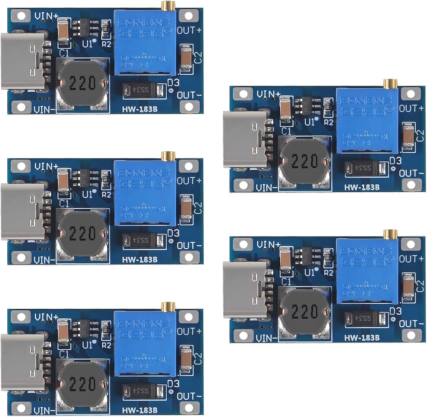 AITRIP 5pcs MT3608 2A 2V-24V 5V 9V 12V 28V Type-C DC-DC Adjustable Boost Module DC DC Boost Step up Converter Module