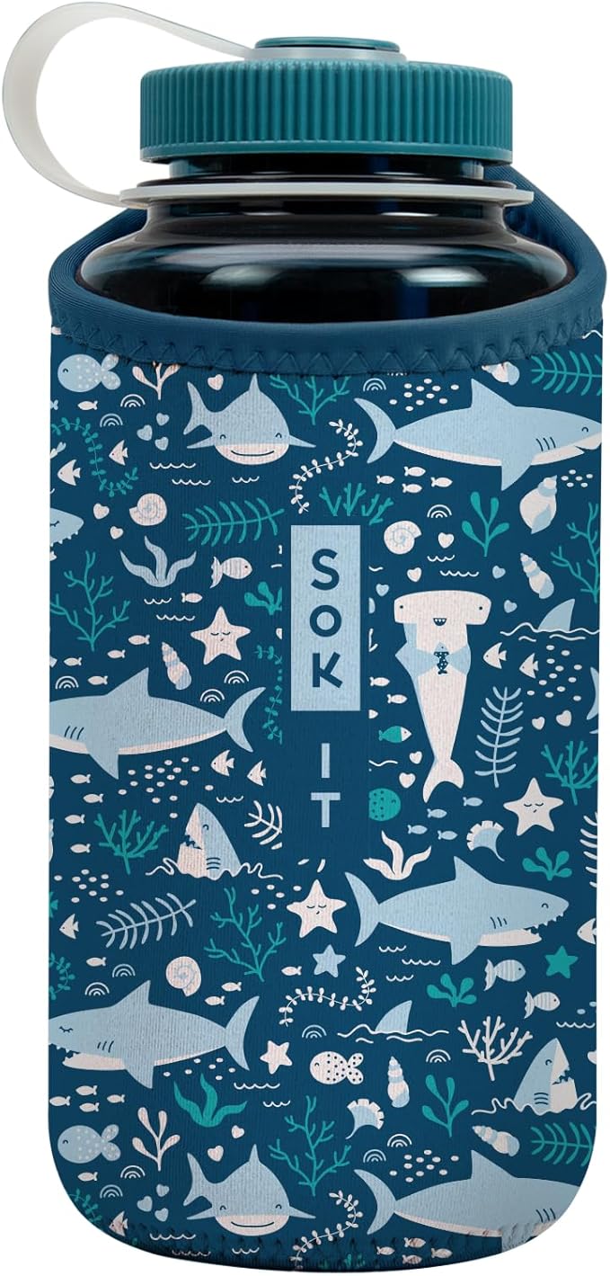 Sok It BotlSok Water Bottle Sleeve Insulated Neoprene Cover (Happy Sharks, Fits 32oz Nalgene)