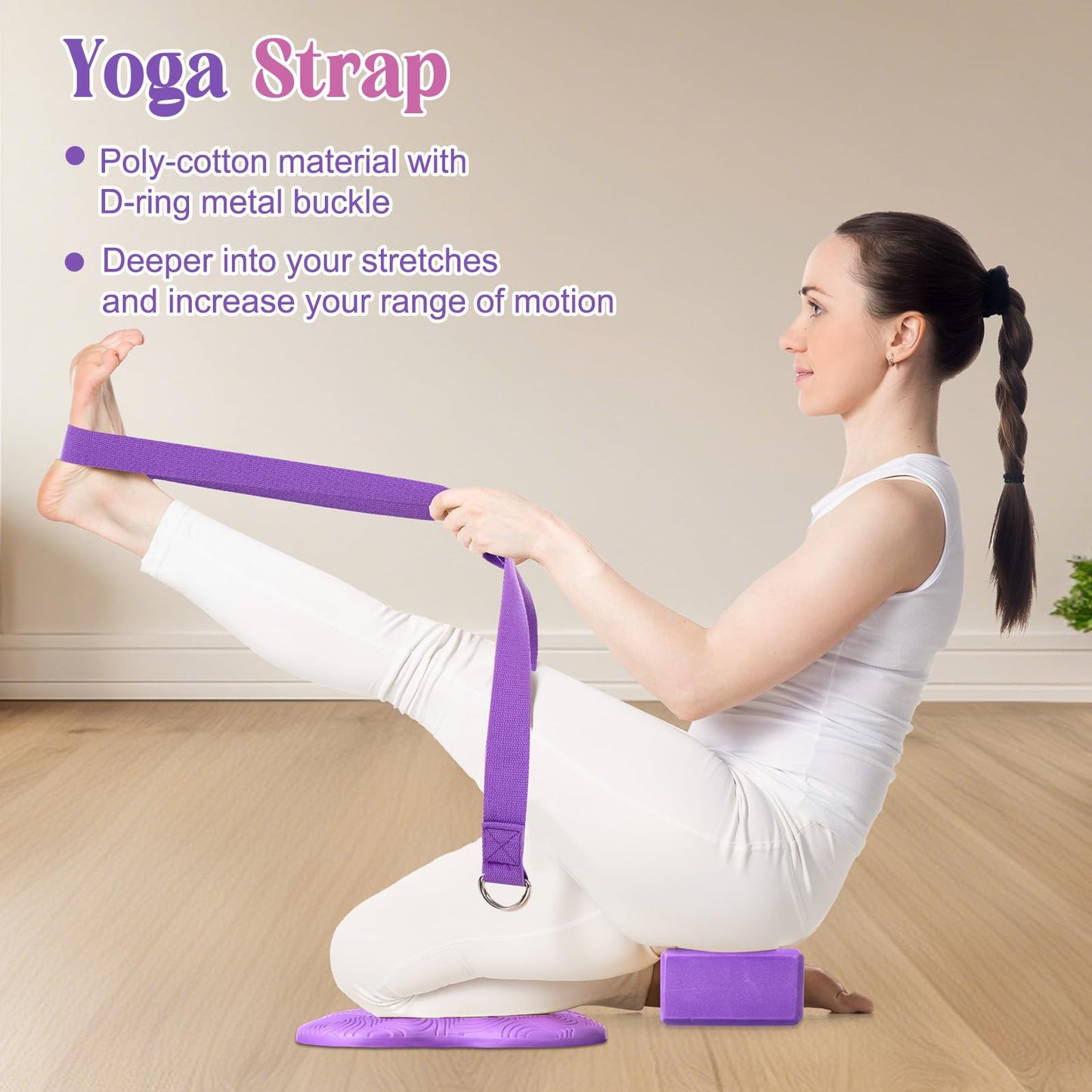 RoundFunny 5 Pcs Yoga Blocks Knee Pads Yoga Strap Set Soft Premium Foam Blocks Accessories for Pilates Meditation General Fitness Stability, Kneeling, Balance, Deepen Stretches and Toning(Purple)