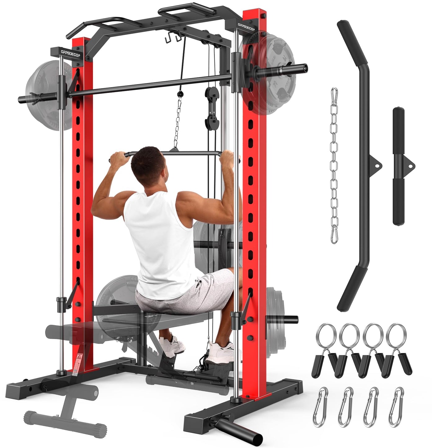 OPPSDECOR All-in-One Smith Machine for Home Gym, 1400LBS Multi-Functional Power Cage Squat Rack with LAT Pulldown System, Cable Machine & Barbell Bar - Strength Training Equipment with Attachments