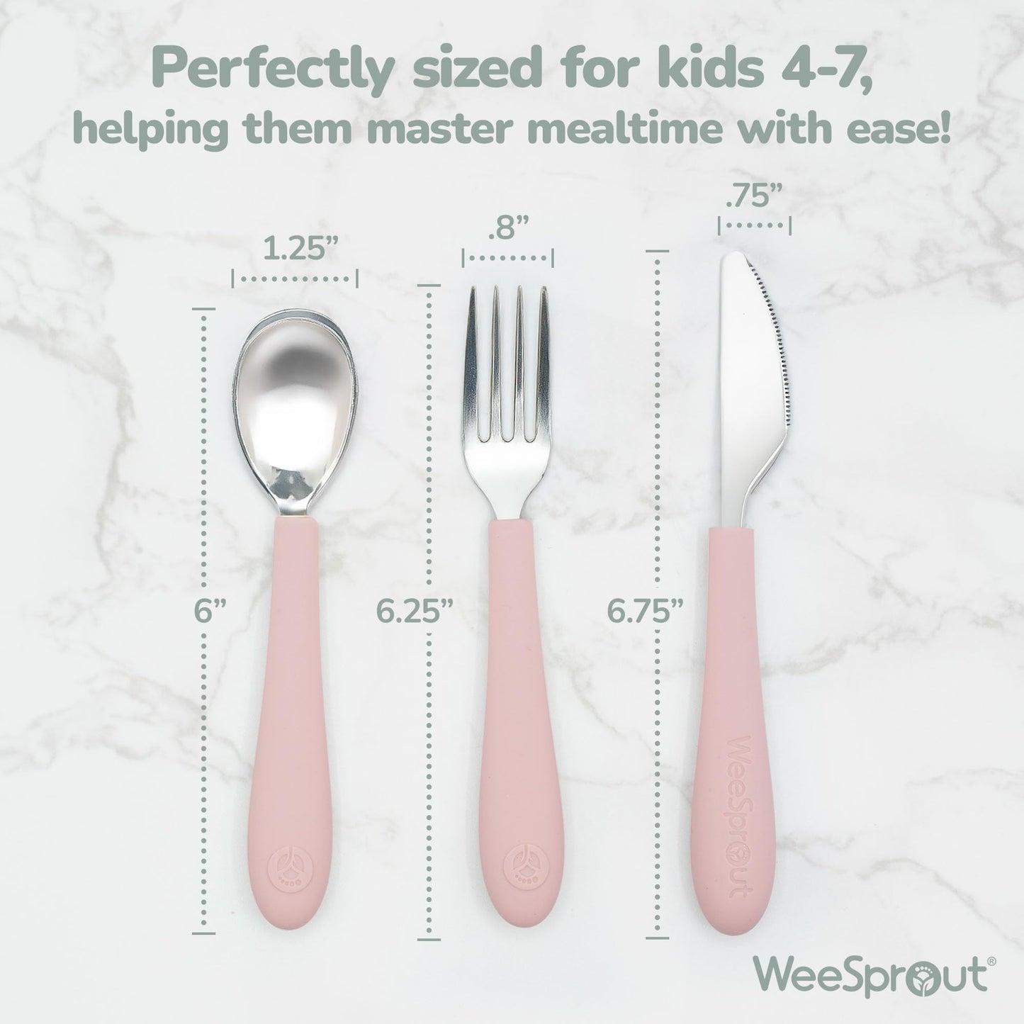 WeeSprout Toddler Utensils, 3 Forks & 3 Spoons, 18/8 Stainless Steel & Food Grade Silicone, Thick Easy-Grip Handles, Perfect Length For New Self Feeders, Gentle On Gums & Teeth, Dishwasher Safe