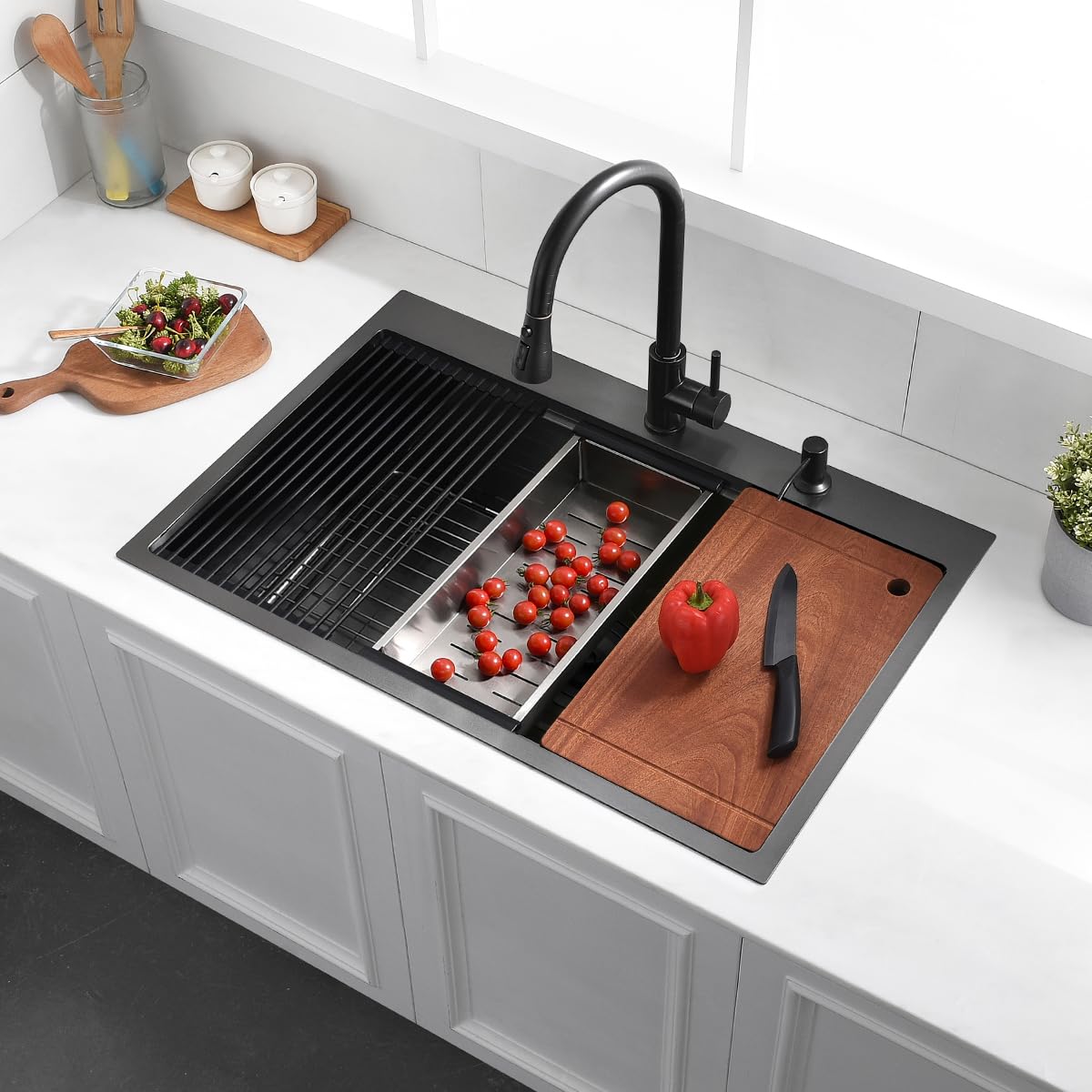 33 Drop In Black Workstation Kitchen Sink, Luckyhorse 33x22 Inches 16 Gauge Nano Black Stainless Steel Sink Topmount Workstation Single Bowl Kitchen Sink LH007SB