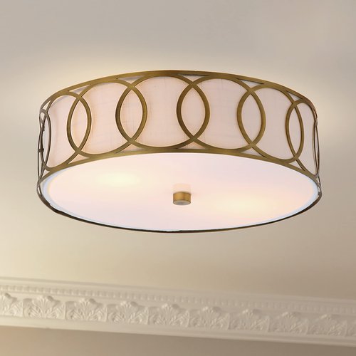 JONATHAN Y 12.25" Brass Gold 2-Light Modern Metal LED Flush Mount Ceiling Light for Bedroom Hallway, White Linen Drum Shade with Geometric Fretwork, LED Bulbs Included JYL3502A