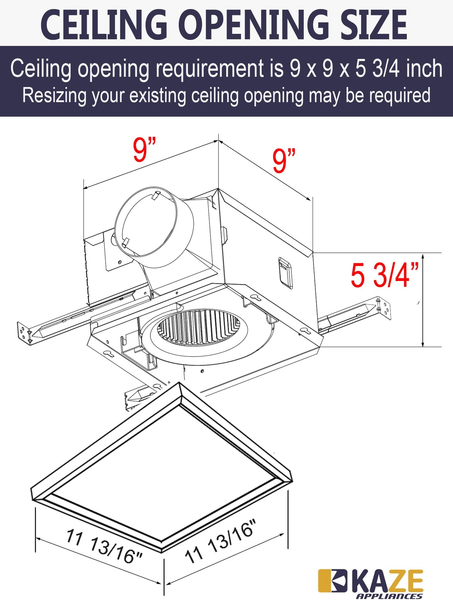 KAZE APPLIANCE SNP100HL9 | 100 CFM | 0.8 Sone | Energy Star Certified | Humidity Sensing | Dimmable 4000K LED | No Attic Access Required | Quiet Bathroom Ventilation Exhaust Extractor Fan