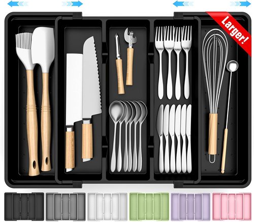 Large Silverware Organizer - Expandable Utensil Drawer Tray | BPA-Free Cutlery Holder in Black