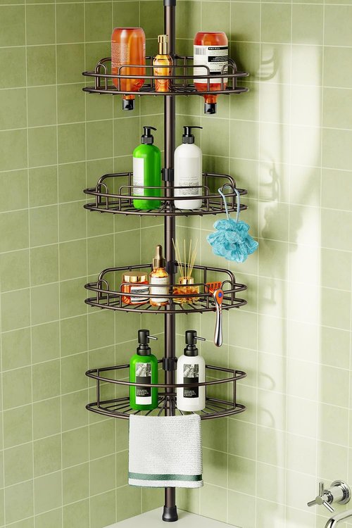 HAMITOR Corner Shower Caddy - 4-Tier Rust-Resistant Adjustable Organizer | No-Drill Quick Install - 47-121 Inch - Bronze