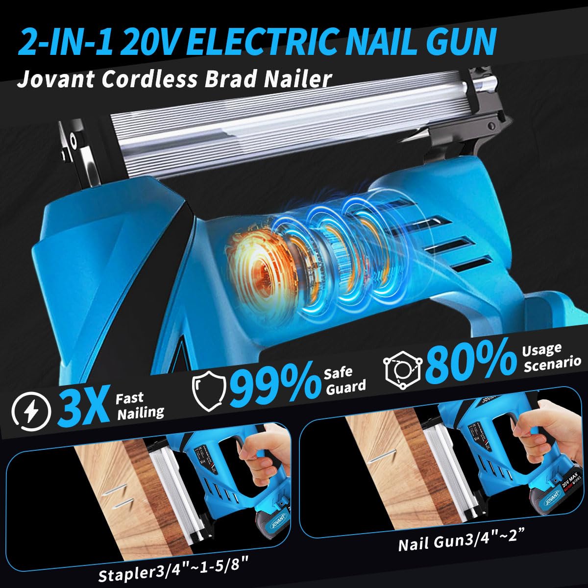 2 in 1 Nail Gun Battery Powered, 20V Cordless Nail Gun,4 * 80pcs Nails, 4 * 88pcs Staples, with Staple Puller, 2 * 2.0Ah Li-Ion Batteries and 2.4A Charger, Brad Nailer for Home Improvement & DIY