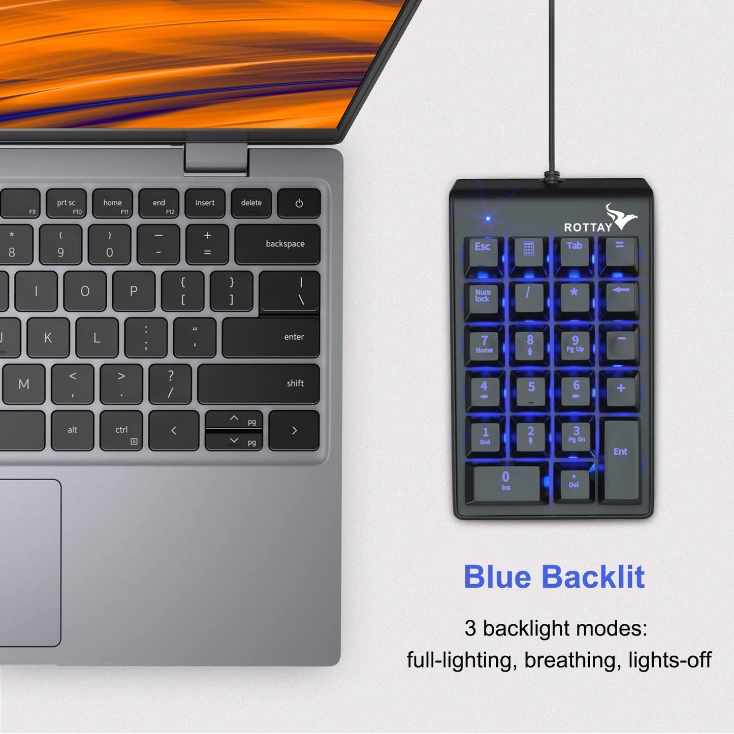 Rottay 22 Number Pad, Mechanical USB Wired Numeric Keypad with Blue LED Backlit Key Numpad for Laptop Desktop Computer