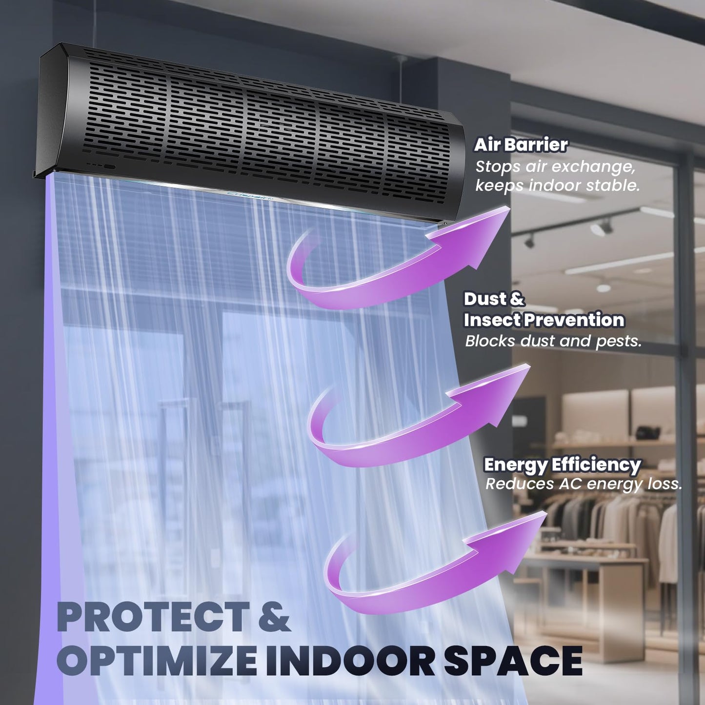 Crispaire 36" Black Air Curtain with Magnetic Door Switch 1527 CFM/2559 FPM Two-Speed Adjustable 180W Powerful Commercial Indoor Air Door Easy Installation Industrial Fan (Not an air conditioner)