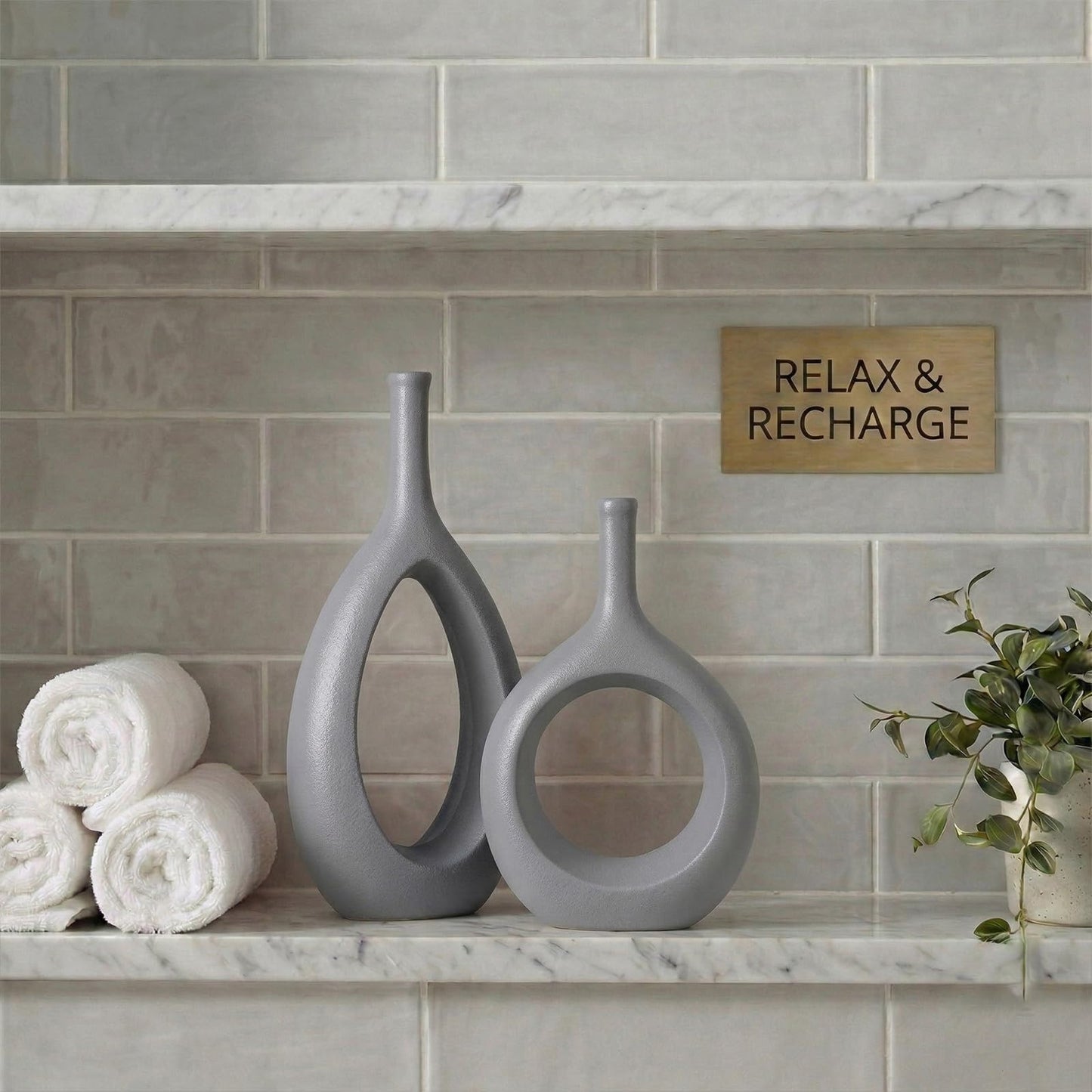 Gray Ceramic Hollow Elliptical Vase Set of 2 - Boho Circle Vase with Hole, for Modern Grey Table Decor, Living Room Decor Shelf mid Century Modern Home Entrance Decorative vase