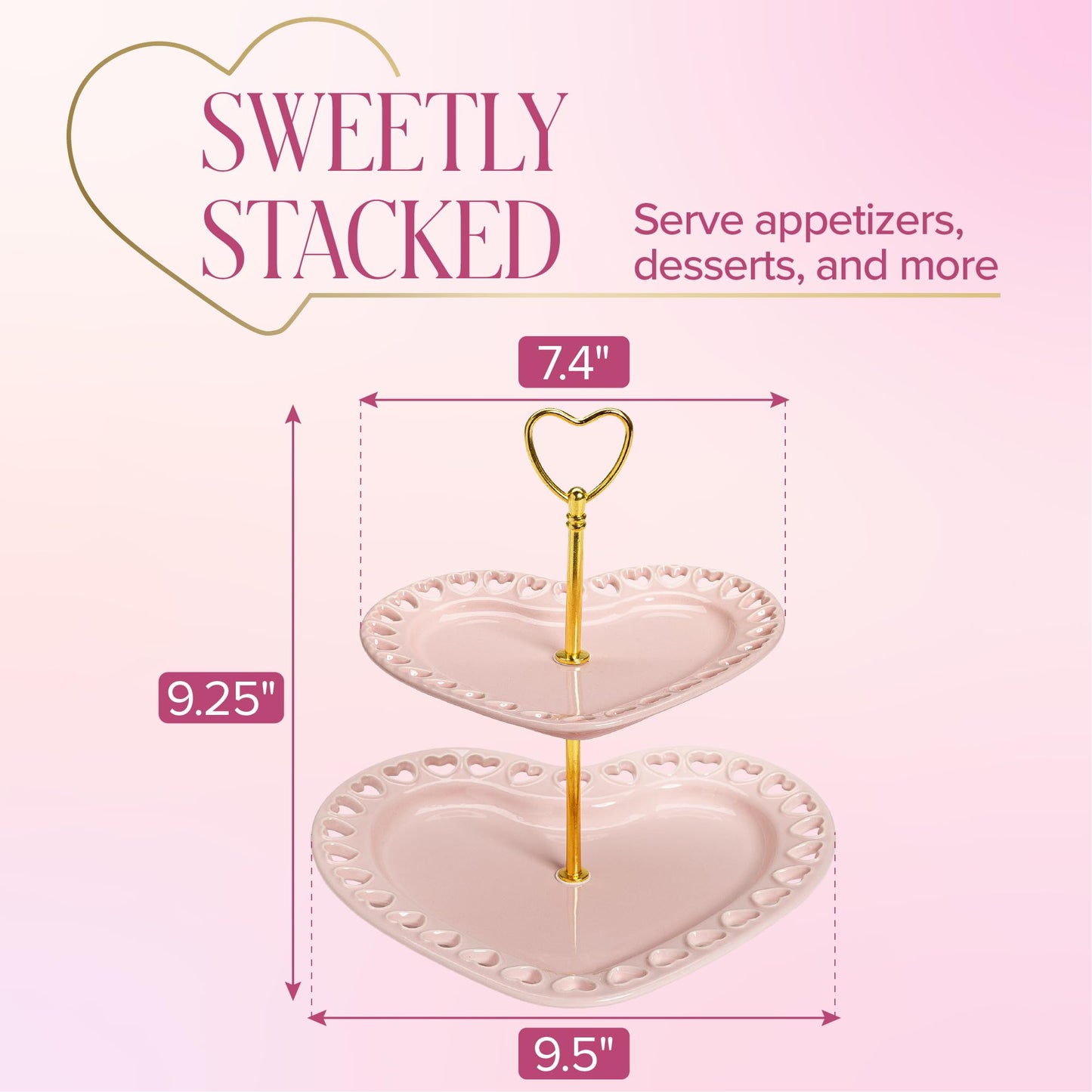 Paris Hilton 2-Tier Heart Serving Tray, Iconic Ceramic Stoneware with Metal Handle, Easy Assembly for Stylish Display, 9-Inch and 7-Inch Plates, Pink