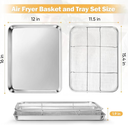 E-far Air Fryer Basket - Large 16” x 12” Stainless Steel Crisper Tray for Healthy Cooking | Dishwasher Safe