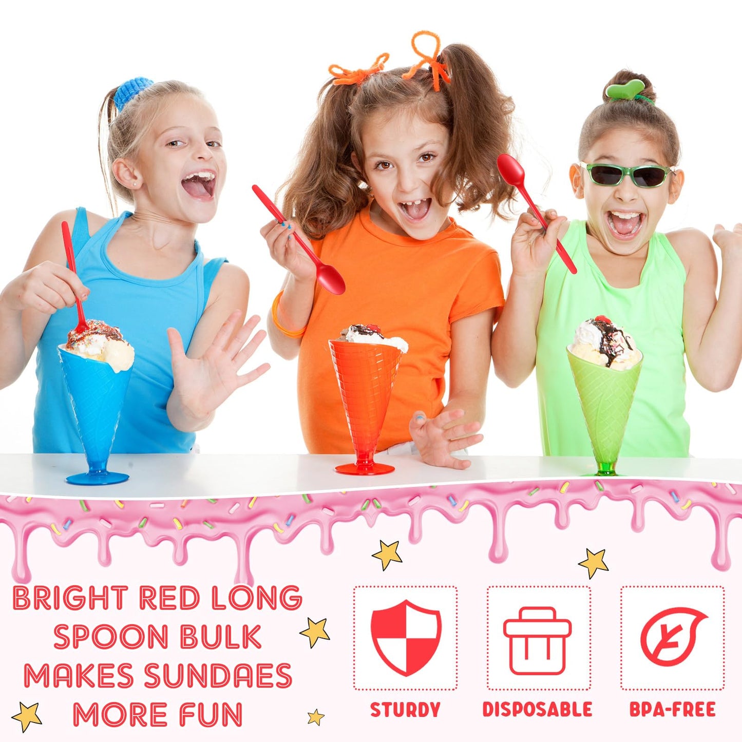 Potchen 200 Pcs Extra Long Spoons for Ice Cream Floats Plastic Sundae Spoons Bulk 8 Inch Long Handle Spoon Heavy Duty for Ice Cream Milkshakes Tea Cocktails Root Beer Float and Tall Beverages (Red)