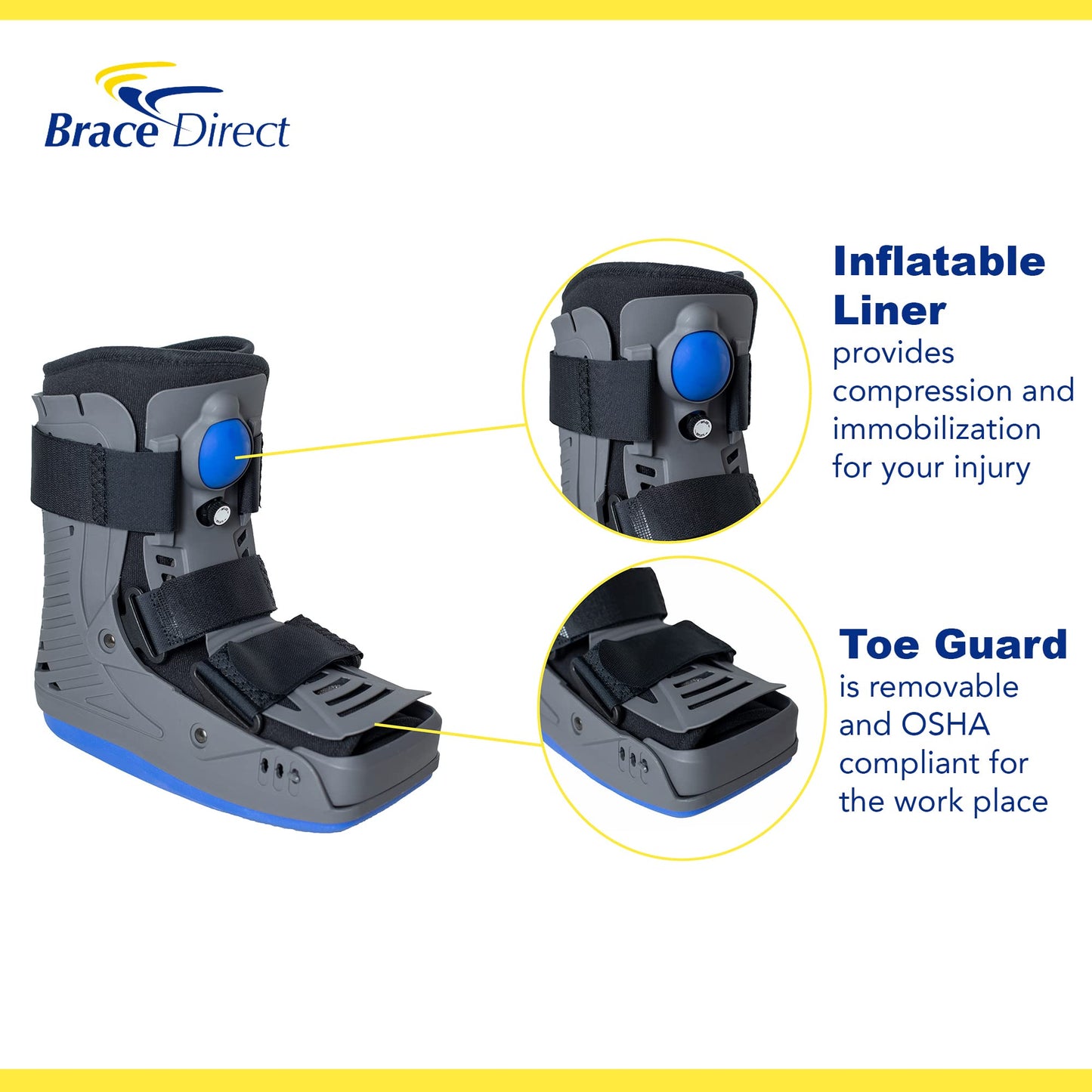 Brace Direct Short Medical Walking Boot with Air Pump - Lightweight Orthopedic Fracture Boot for Foot & Ankle Injury Recovery with Toe Guard (Medium - US Shoe Size Men 7.5-10 / Women 8.5-11.5)