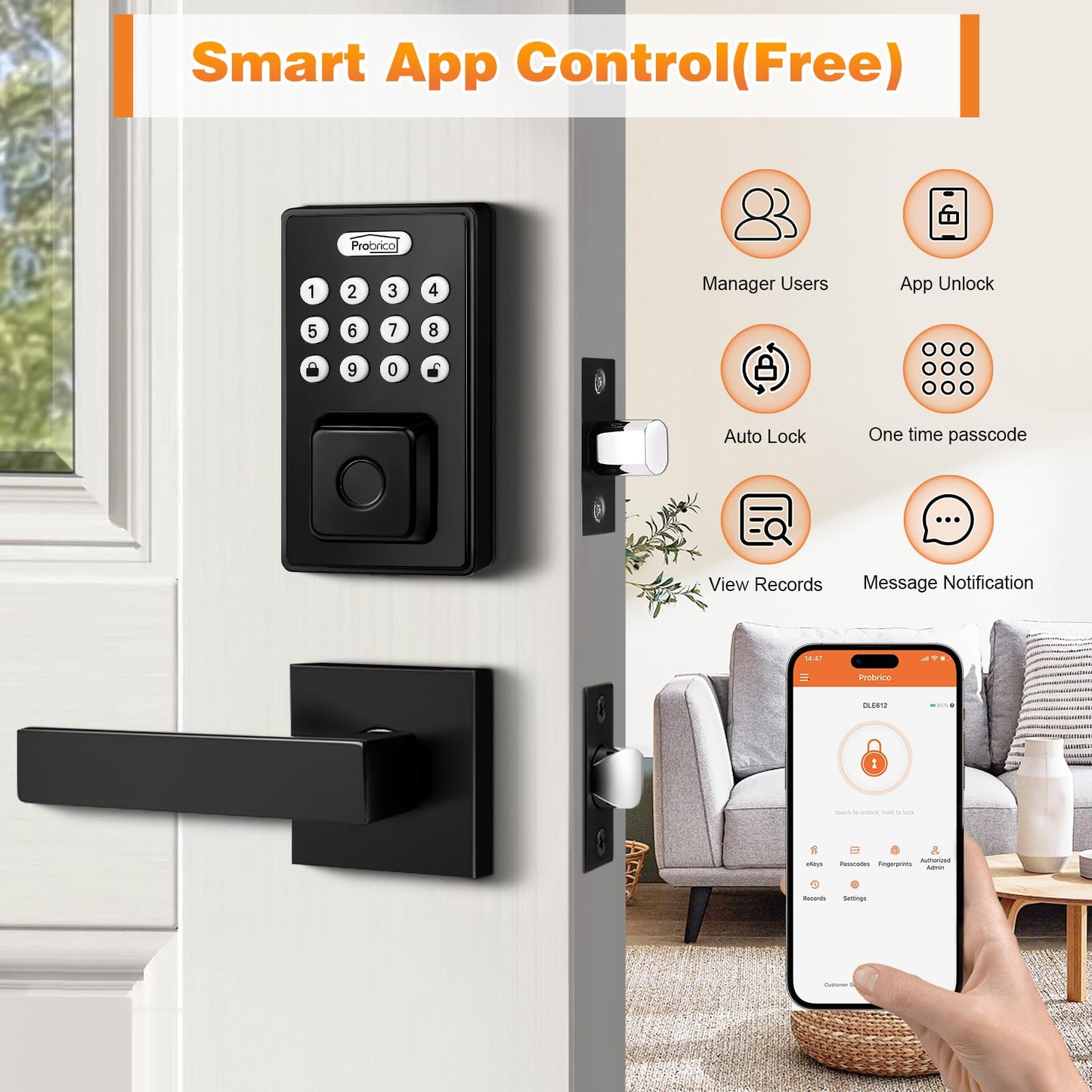 Probrico Keyless Entry Door Lock with Handle, Smart Locks for Front Door, Black Keypad Door Lock with Handle Fingerprint Lock, Electronic Keypad Deadbolt Lever, App Control, Auto Lock