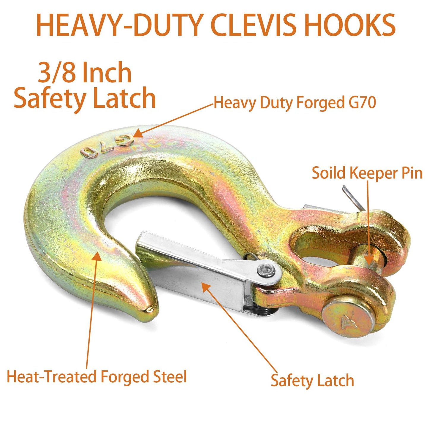 Lawei 6 Pack 3/8 Inch Clevis Slip Hook with Safety Latch, G70 Forged Steel Chain Hooks, Heavy Duty Solid Tow Hook for Truck Trailer Winch Transport, 18,000lbs Capacity, Yellow Zinc Coated Hooks