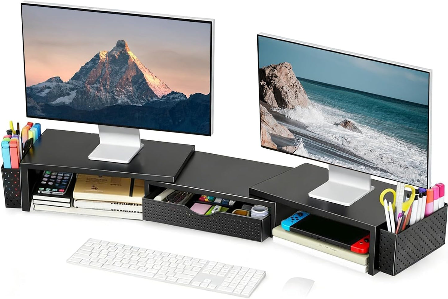 2 Spacrea Metal Desk Organizers and Accessories, Dual Monitor Stand Riser with Drawer and Pen Holders, Book Racks, Desk