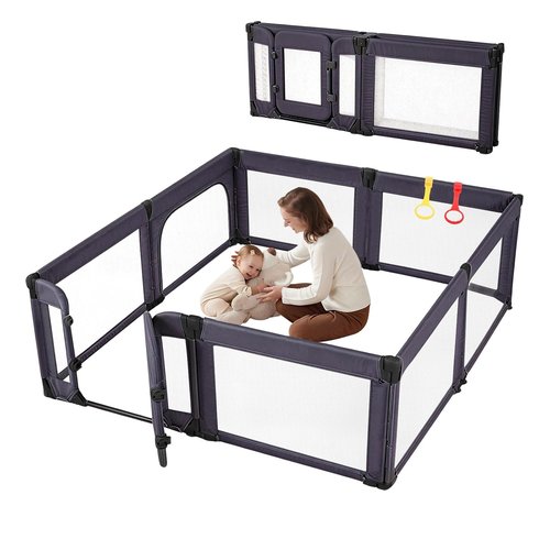 Large Baby Playpen - Adjustable 79x71 Inch Indoor & Outdoor Foldable Play Yard | Dark Grey Mesh Safety Fence