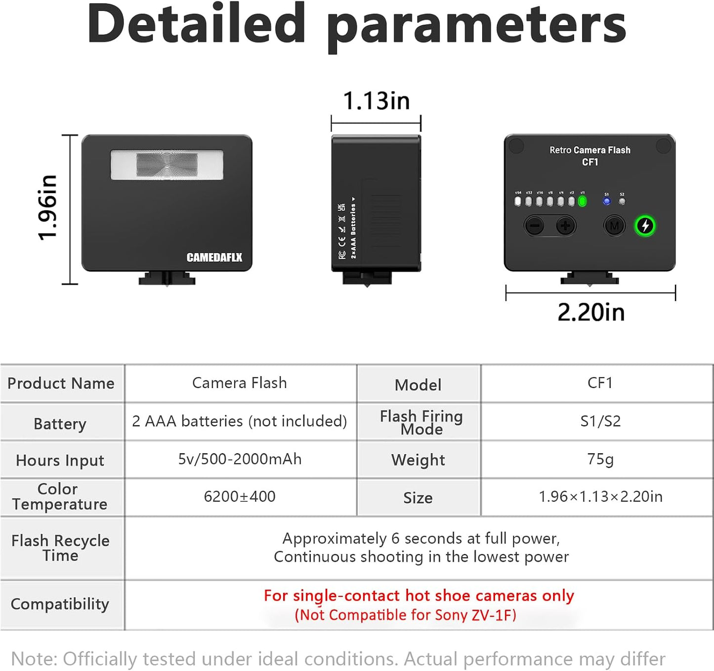 CAMEDAFLX CF1 GN15,7 GR3/Canon/Nikon/Sony ZV1/Fuji/Mini Mini Camera Flash Aluminum Camera Flash Power Levels Hot Shoe