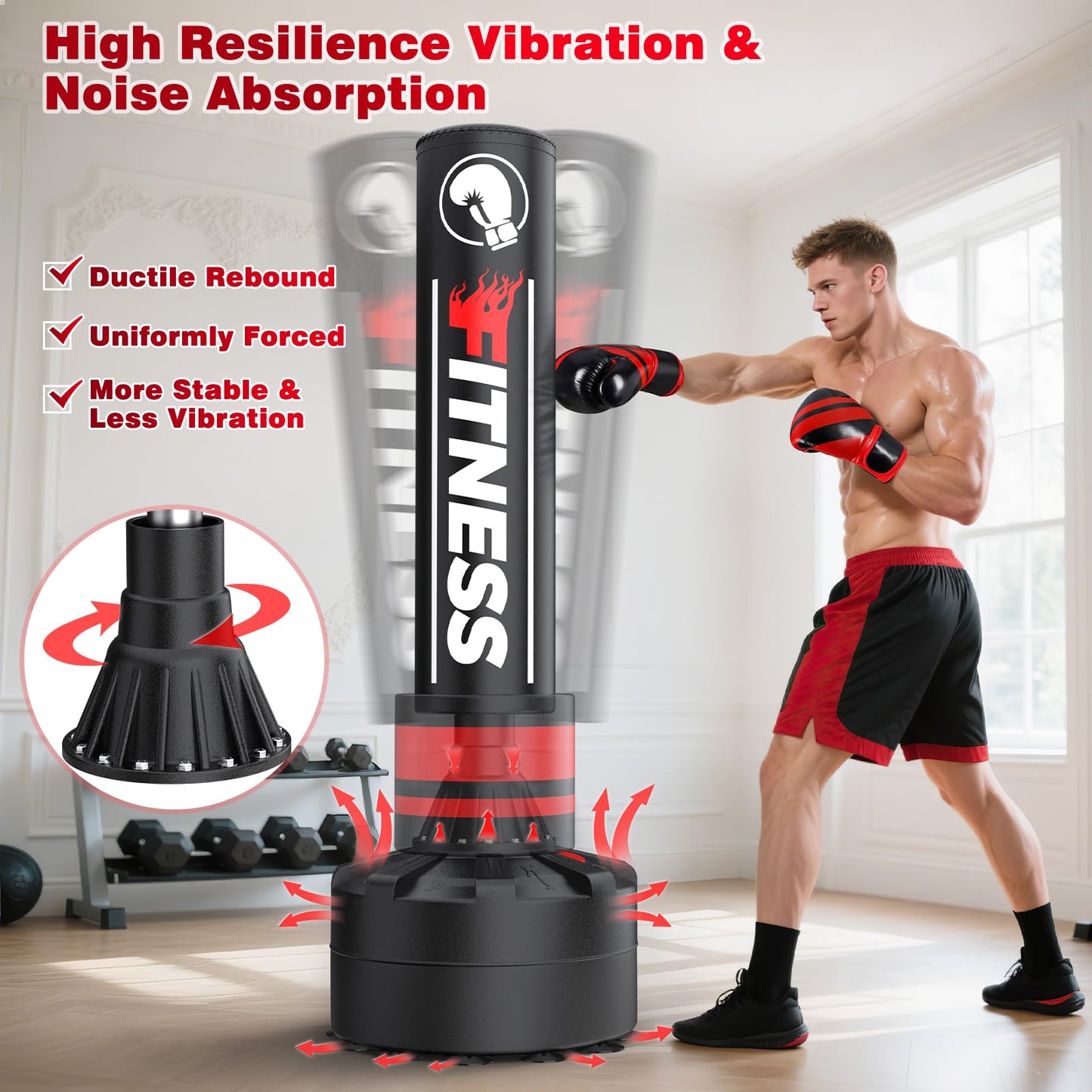 GIKPAL Freestanding Punching Bag for Adults 67'' Heavy Boxing Bag with Boxing Gloves, No Spring Low-Noise Standing Bag for Home Office Kickboxing (Red)