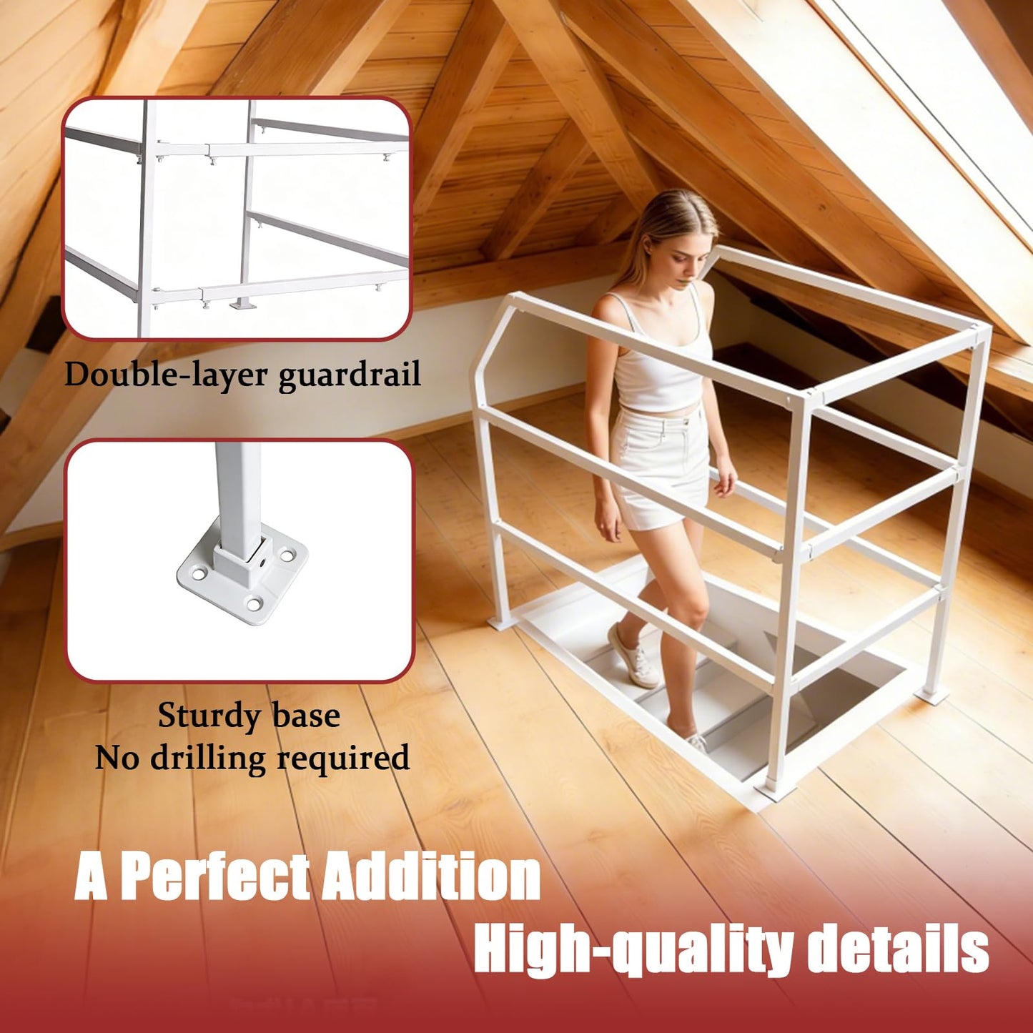 39"-51"Lift Attic Ladder Safety Railing,Attic Ladder Climbing Assistance Railing,Three-layer Adjustable Loft Handrail,3 Sided Carbon Steel Guardrail Ascend Descend at House/Garage/Storage Loft (White)
