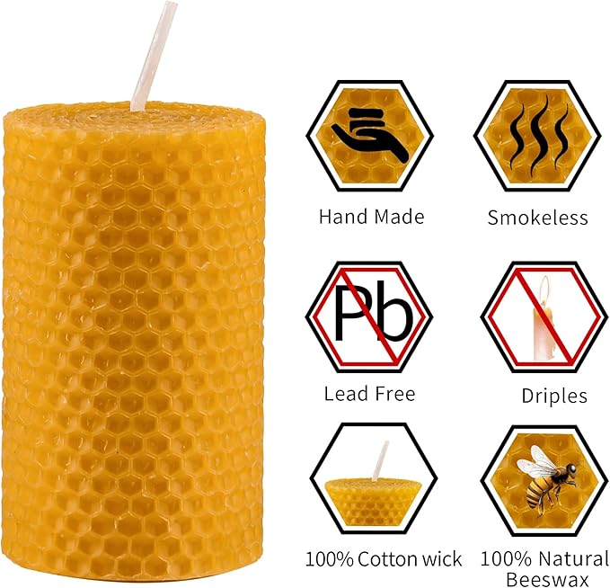 Beeswax Pillar Candles Bulk Set of 9 Handmade from 100% Pure Natural Rolled Bees Wax - Measures 2" x 3.4", Great for Home Decor, Party & Events, 10-12 Hour Burn Time