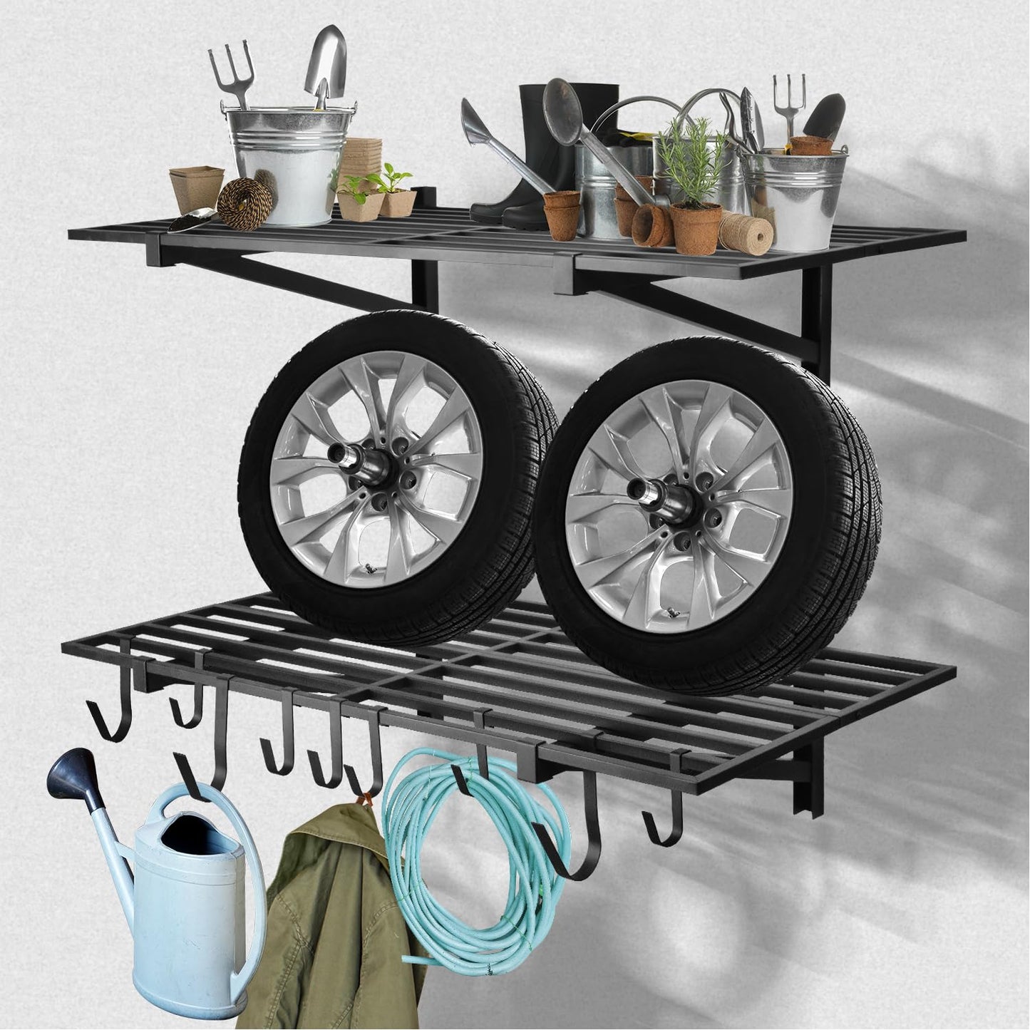 BTRAM 2 Pack Heavy Duty Garage Wall Shelving, 2' x 4' wall mount storage shelf, Holds 200 lbs Each, Garage Shelving Wall Mounted, Storage Rack with Hooks (Black)