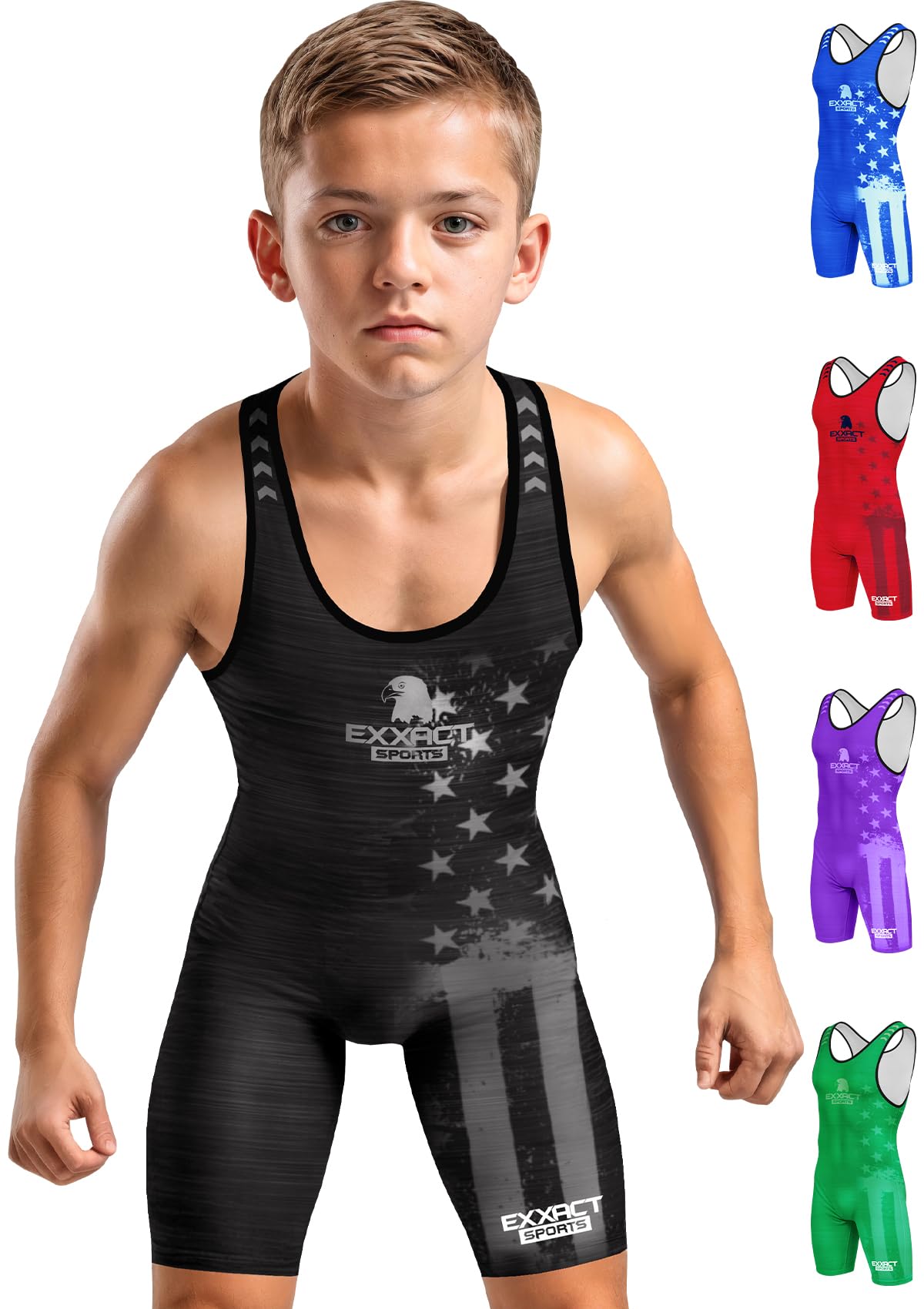 Exxact Sports Patriot Youth Wrestling Singlet For Boys, Premium Powerlifting Singlet, Kids Wrestling Singlets For Training (YXS, Black)