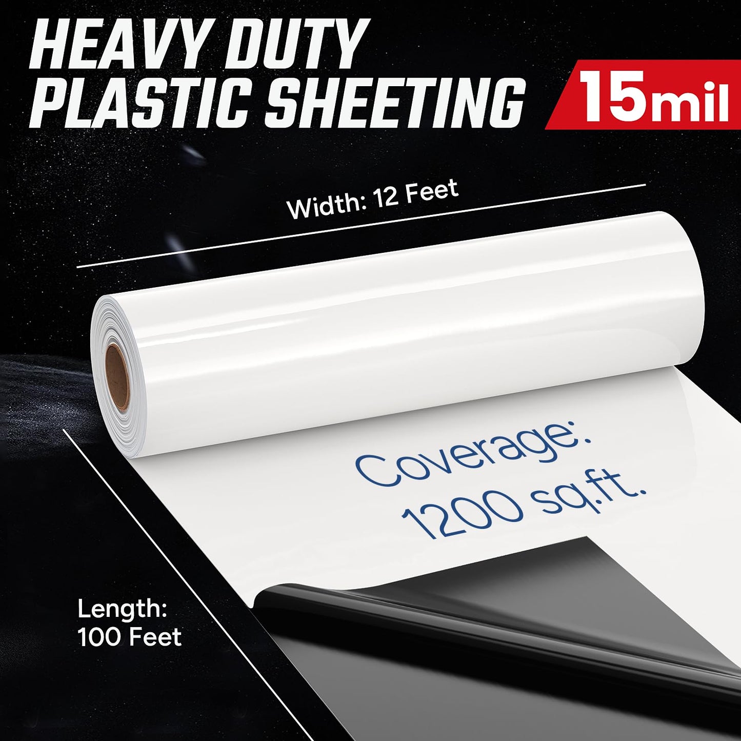 Crawl Space Vapor Barrier - 15 Mil Vapor Barrier - (12' x 100'), Tear Resistant, Heavy Duty Vapor Barrier Plastic, Drop Cloth Moisture Barrier Plastic Sheeting Covering for Crawlspace Encapsulation