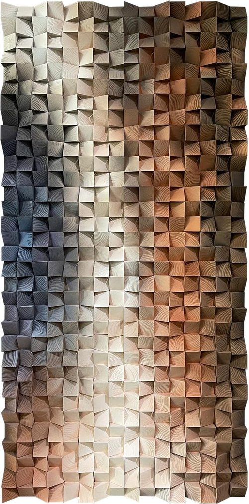 LIUZEYUE 3D Wall Art - Modern Abstract Solid Wood Mosaic Panel in Blue, White & Orange | 23.6x47.2 Inches