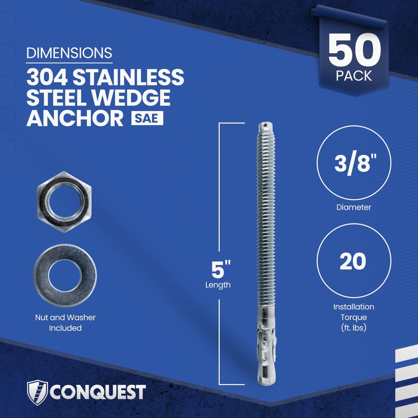 Conquest 304 Stainless Steel Concrete Wedge Anchors 3/8" x 5" - Heavy Duty Anchor Bolts for Outdoor, Residential, and Light Commercial Use (50 Pack)