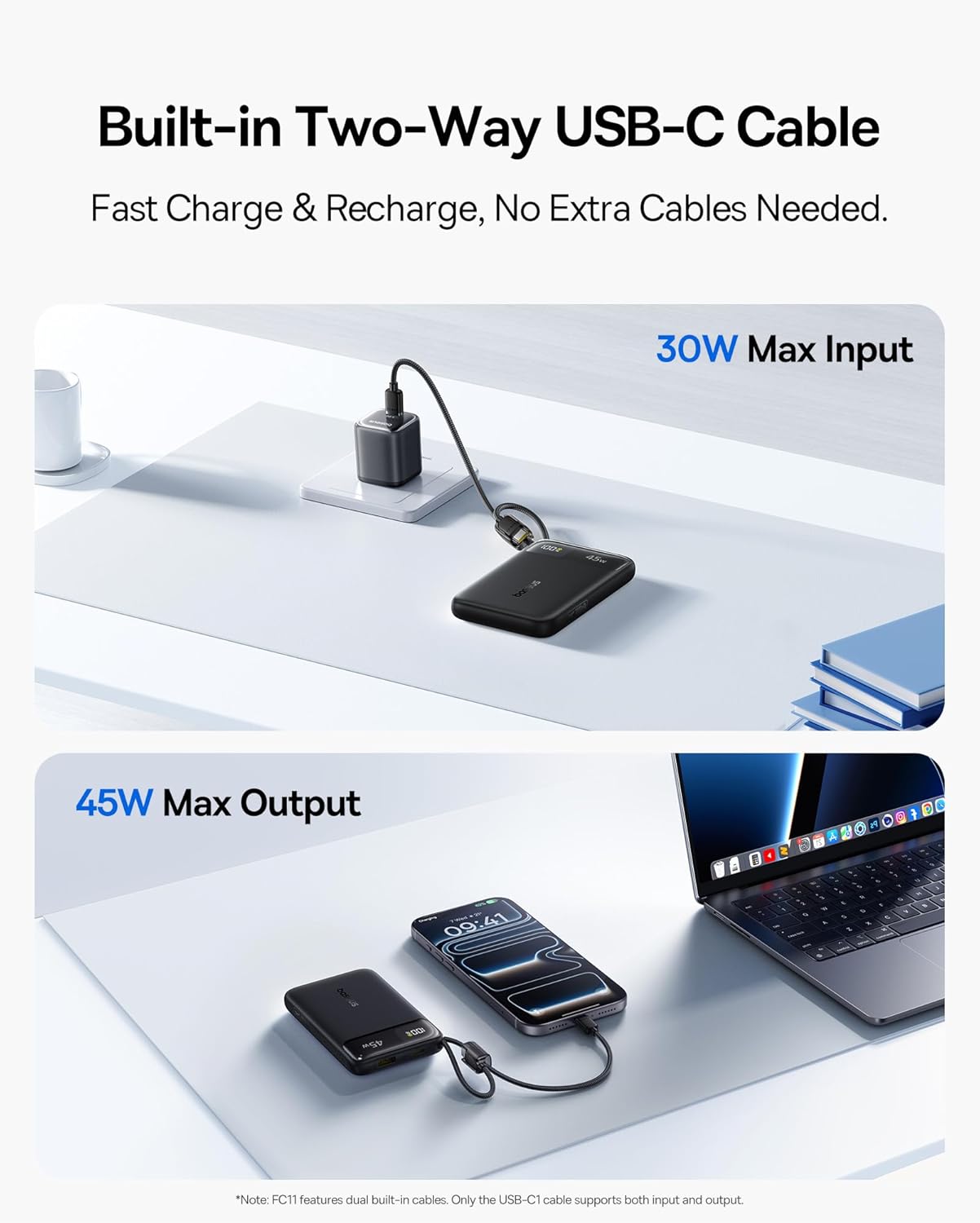 Baseus 45W 10000mAh Pack 17 16 S25 S24 Ultra Slim Power Bank Built-in USB-C Cables, CCC Certified Portable Charger