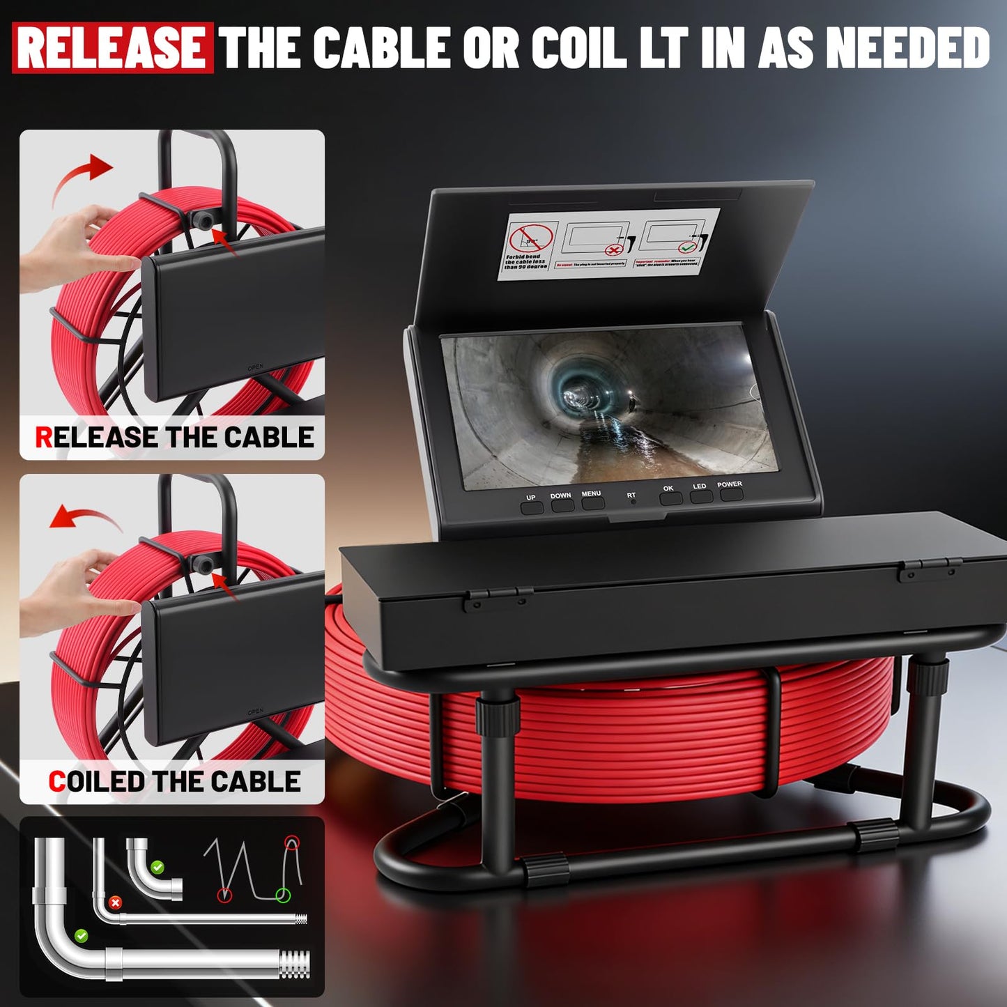Sewer Camera with DVR Function,100FT/30M Pipe Drain Inspection Camera with 7" 1080P HD Screen, Snake Plumbing Cameras with 9 LED Lights, IP68, 32GB Card,Borescope for Duct Sewer Line Pipe Inspection