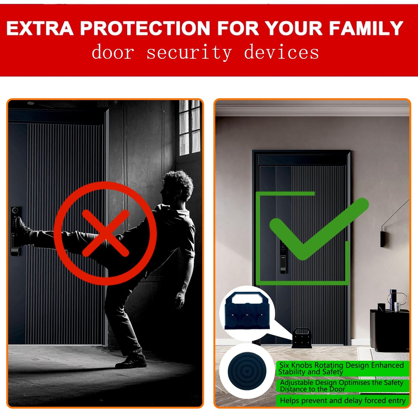 Security Door Stopper,Door Barricade Brackets,Prevents Entry Burglaries Home,Withstands 3000 Lbs of Violent Force,Enhance Family Security Floor Mounted, Black Aluminum