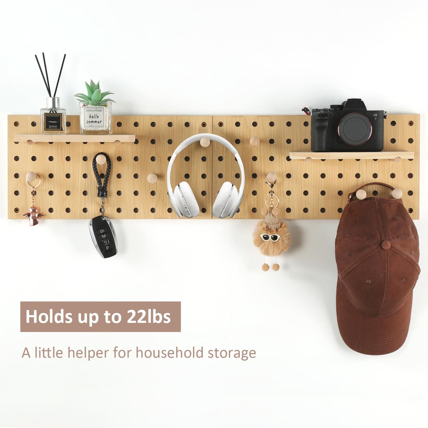 UMICAL 2 Pack Beige Wooden Pegboard, Modular Wall Organizer Storage Shelf with Hooks, Multi‑Use Display Peg Board for Home Office Bathroom Laundry Room