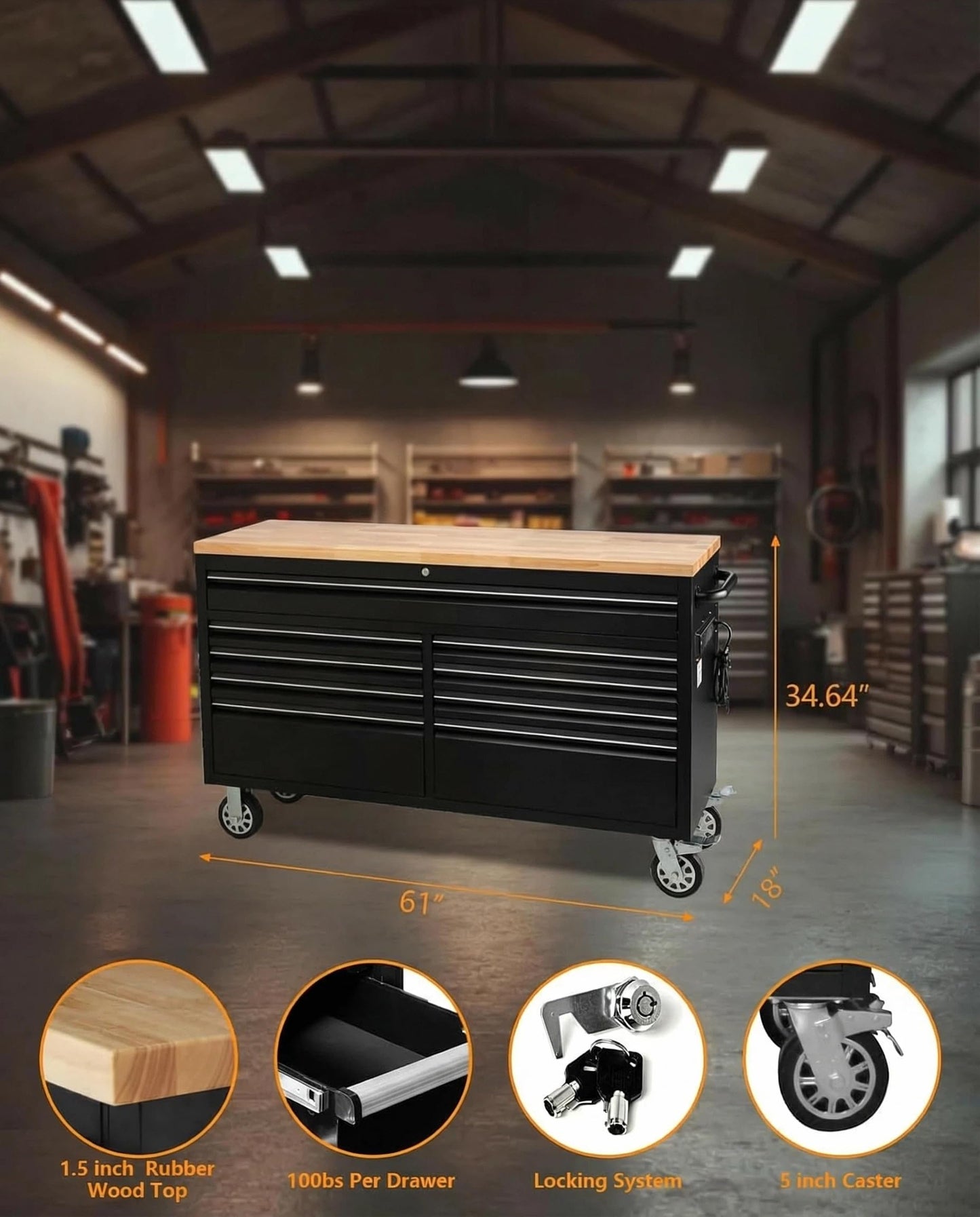 61-Inch Heavy-Duty Rolling Tool Chest & Mobile Workbench with 9 Drawers, Rubber Wood Top, Locking System, Wheels for Garage, Workshop, Warehouse Storage, Tool Cabinet