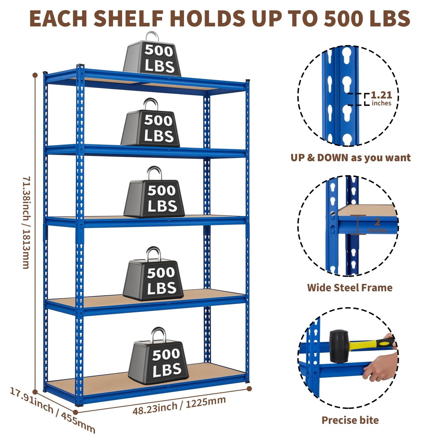5-Tier Storage Shelving, Adjustable Garage Shelves, Meta Storage Shelving Unit with 2500 LBS Capacity, Steel Wire Rack Shelf Organizer for Garage, Kitchen Pantry Basement, 48 x 17 x 71 inch, Blue