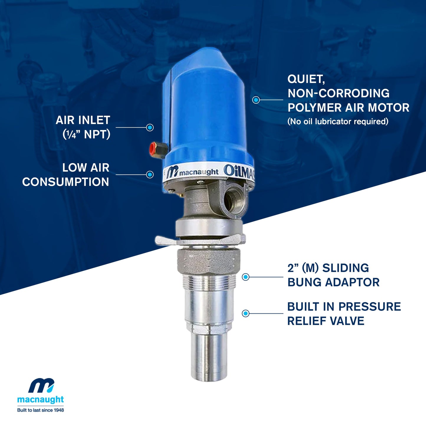 Macnaught 3:1 Ratio Air Operated Oil Transfer Pump. For gear oils up to SAE140, ATF, hydraulic & anti-freeze/anti-boil (Not for Gasoline or Diesel)